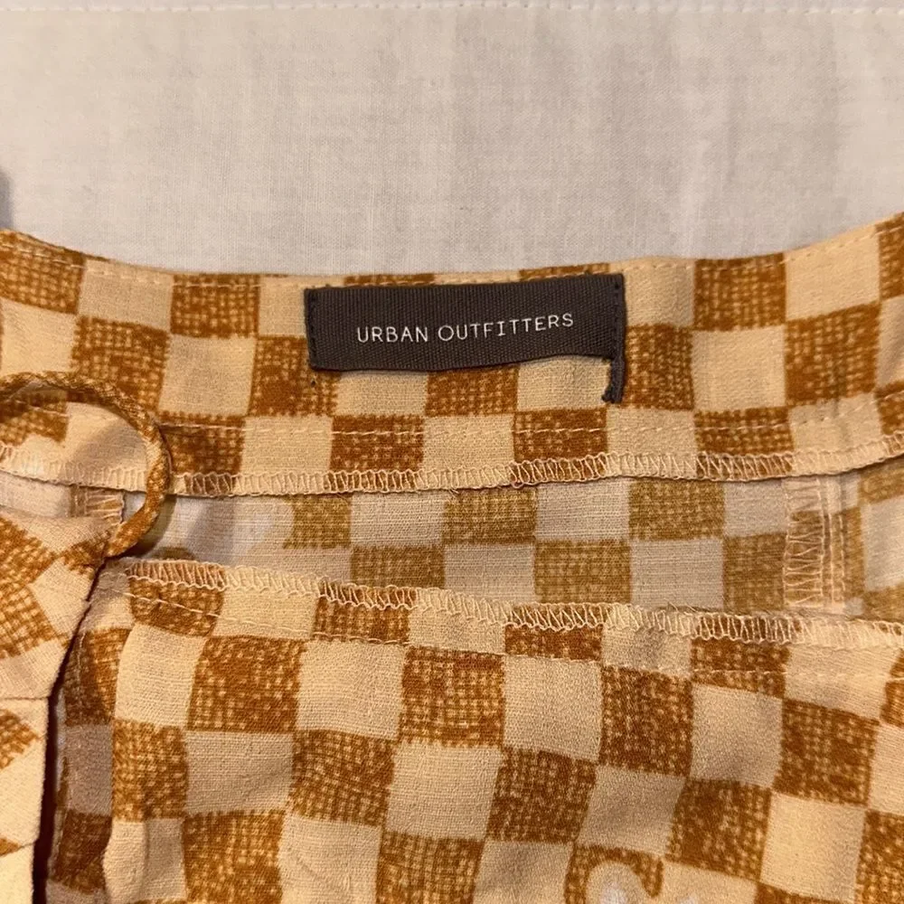 UO XS Lumi Daisy Gold Beige Check Print Spaghetti Strap Mini Bodycon Dress